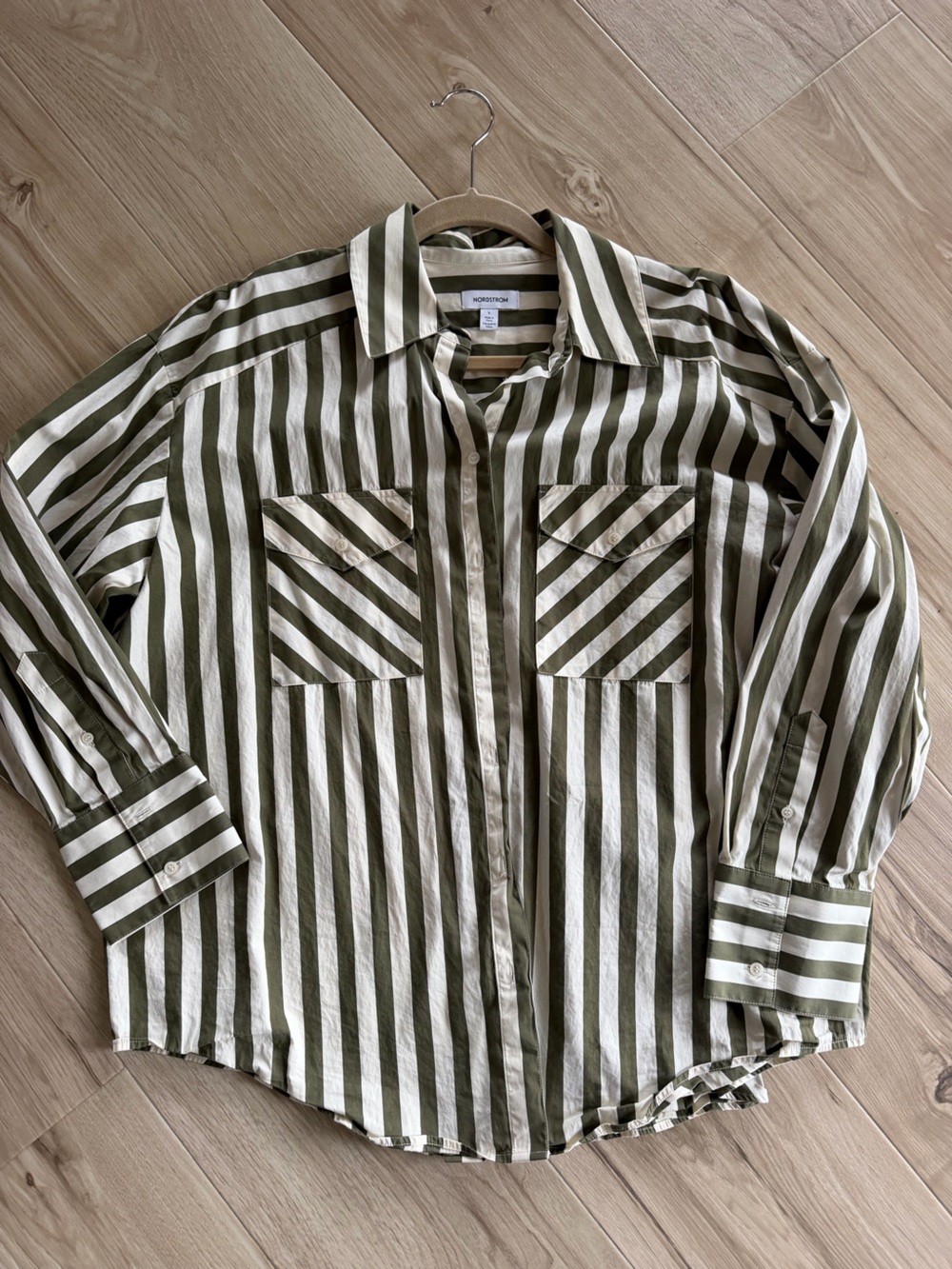 Women’s Olive Green and White Striped Button-Up Shirt, Nordstrom